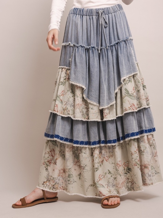 Bluevelvet Dresses & Skirts - Bluevelvet Stretchy Waist Light Denim Floral Print Layered Maxi Skirt